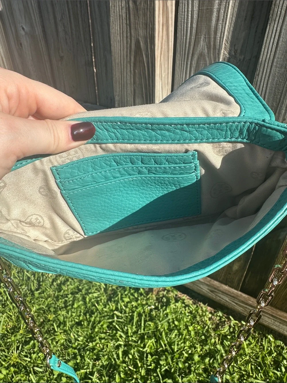 Tory Burch Turquoise Leather Crossbody with Gold Chain